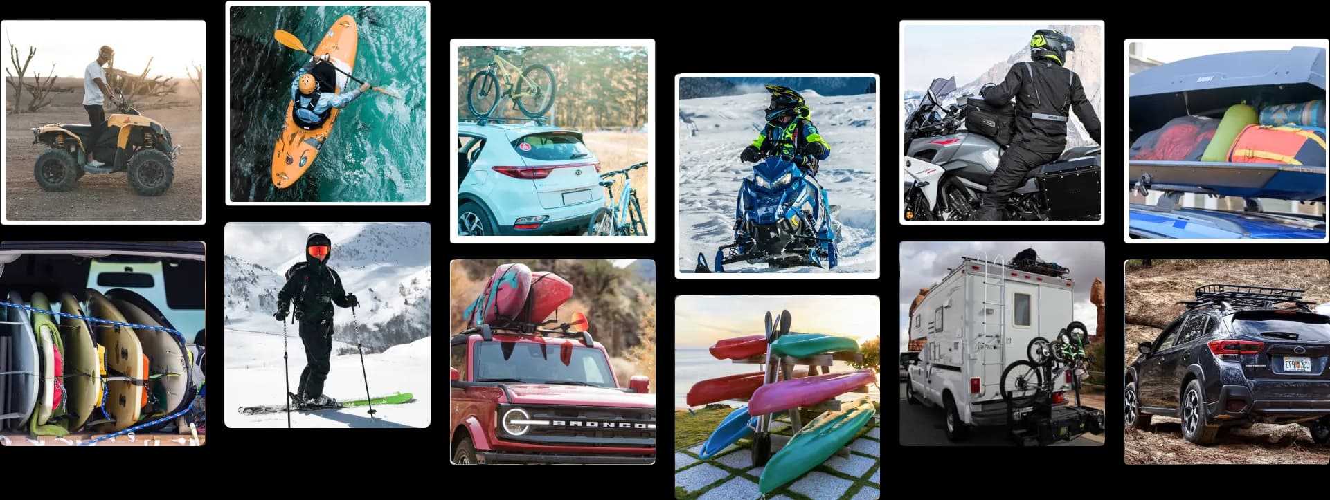 My Cargo Racks use cases β vehicles with cargo, bike, kayak, and ski rack setups